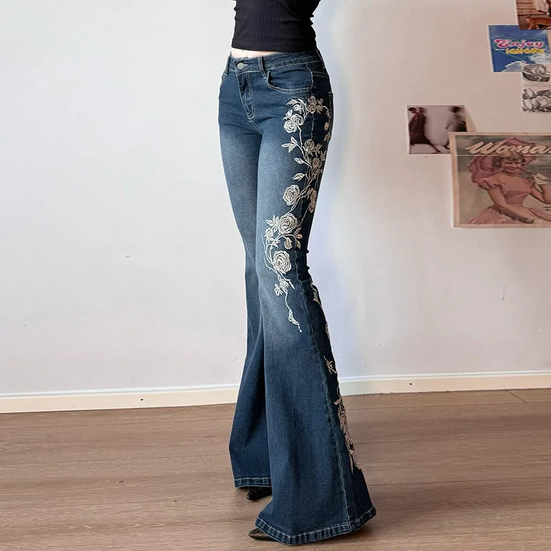 Flare Pants Jeans Women Embroidery Boot Cut Low Waist Washed Distressed Pockets Floor Length Streetwear 2026 Denim Trousers